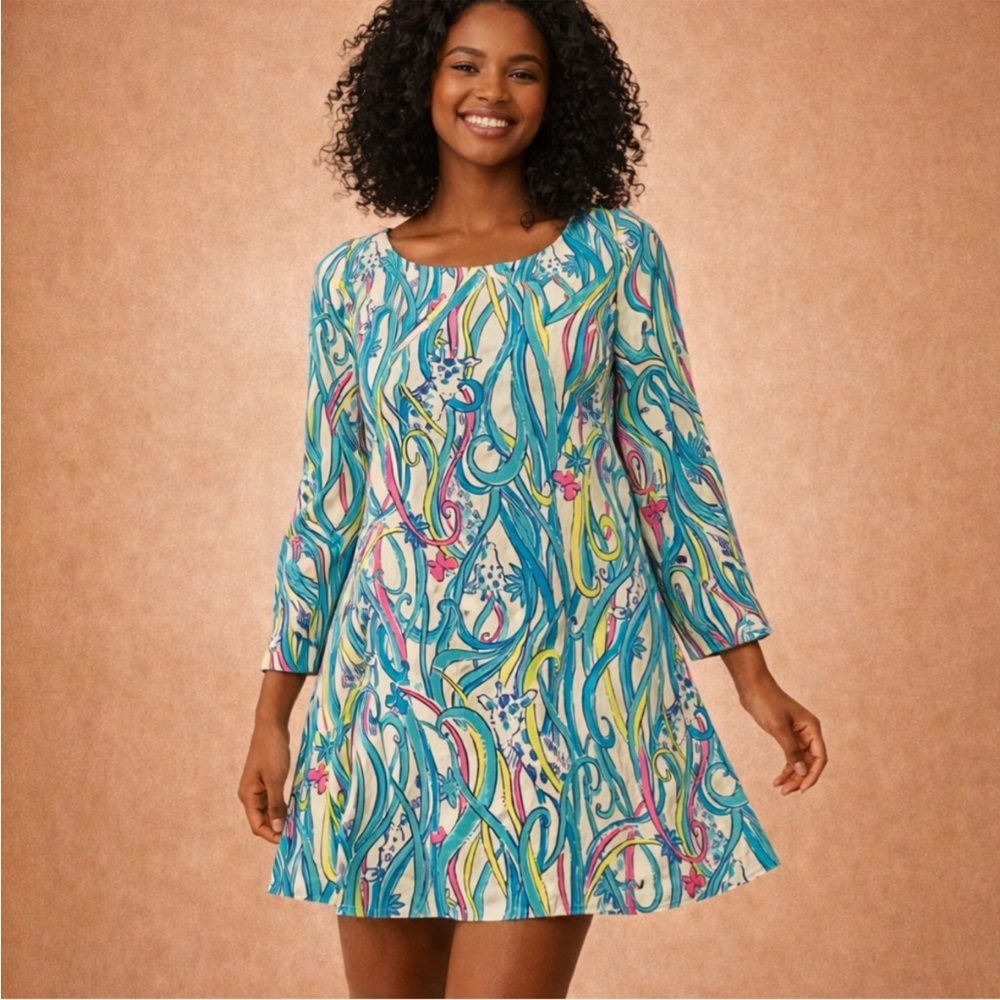 Lilly Pulitzer Teal Swirl-Print Mini Dress with Pink & Yellow Accents